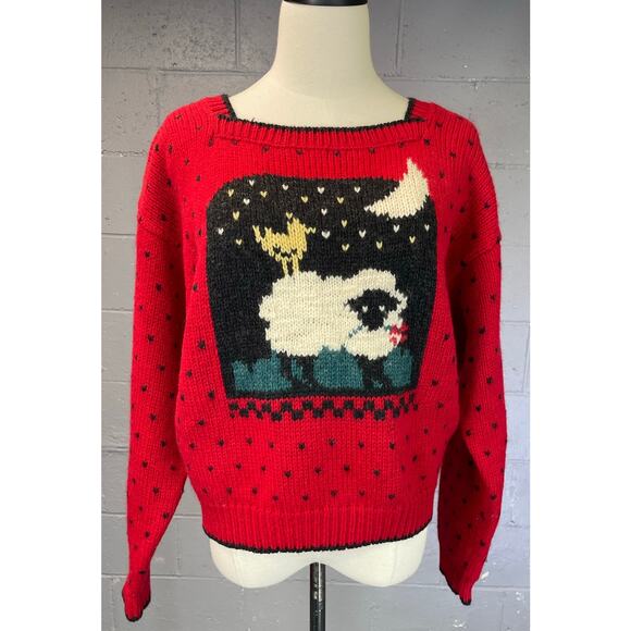 Vintage Woolrich Sheep Moon Novelty Knit Wool Sweater Red Black Medium Large - Picture 13 of 13